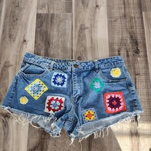 Rue21 Denim Shorts with Colorful Granny Crochet Patches